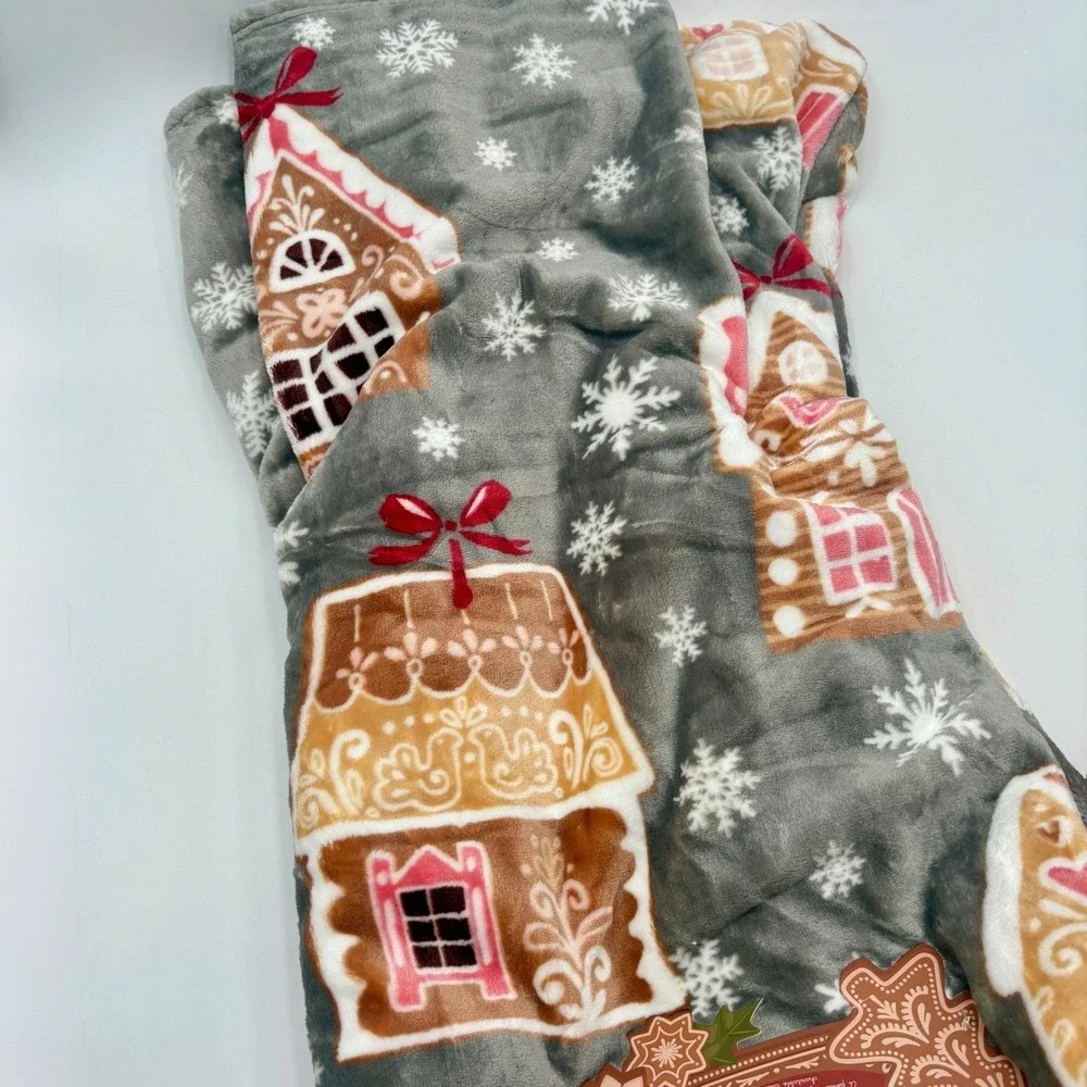 North Pole Cookie Co. Plush Throw Blanket‎ 60x70 Grey Gingerbread House